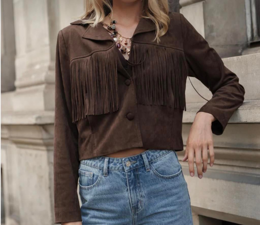 ORAIJE bruin suedine jasje met franjes mt S, M en L