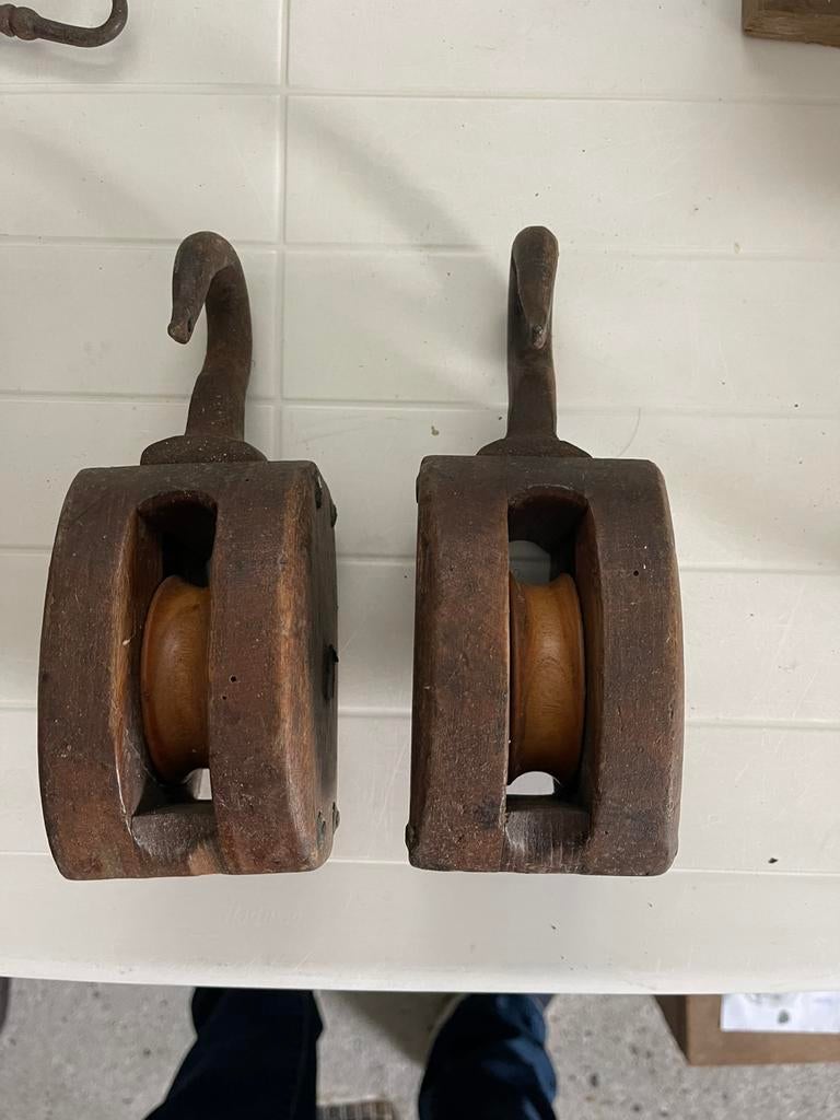 Antiek katrollen Katrol Zie foto’s Zeer oud decoratie, Ophalen of Verzenden