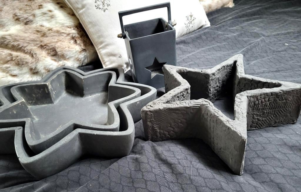 Twee stoere betonnen schalen, windlicht en ster, grijs, izgs, Ophalen of Verzenden, Zo goed als nieuw