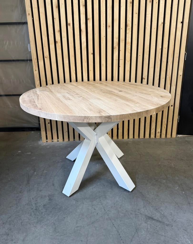 Massief Eiken Eettafels Rond - Witte Matrix Poot - Nieuw, 100 tot 150 cm, Nieuw, Ophalen of Verzenden, Eikenhout