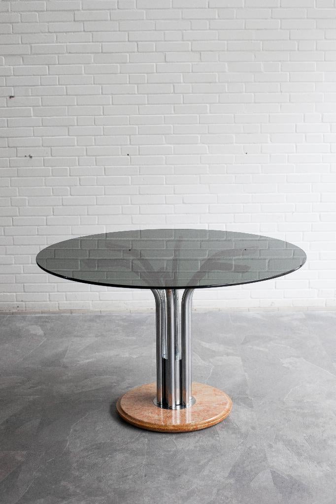 Eettafel met marmeren voet en rookglas, Italy, 1970s, Ophalen, Gebruikt, Rond, Vijf personen of meer