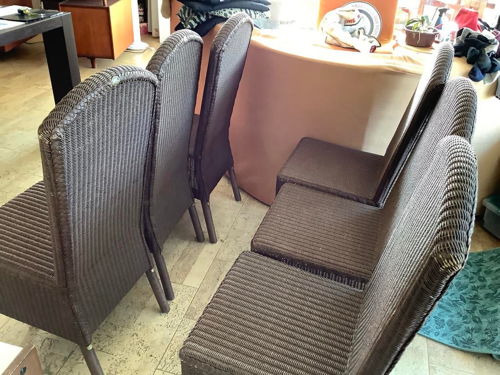 Koloniale eetkamerstoelen met rotan zitting en rugleuning, Huis en Inrichting, Stoelen, Ophalen, Gebruikt, Bruin, Riet of Rotan