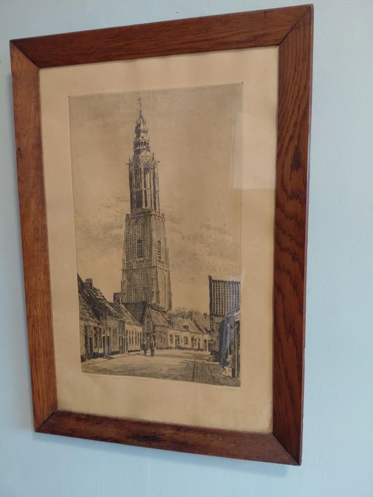 Kerk Amersfoort - Ets van Jan Bartelsman, Antiek en Kunst, Kunst | Etsen en Gravures, Ets, Gesigneerd, Ingelijst, Stadsgezicht