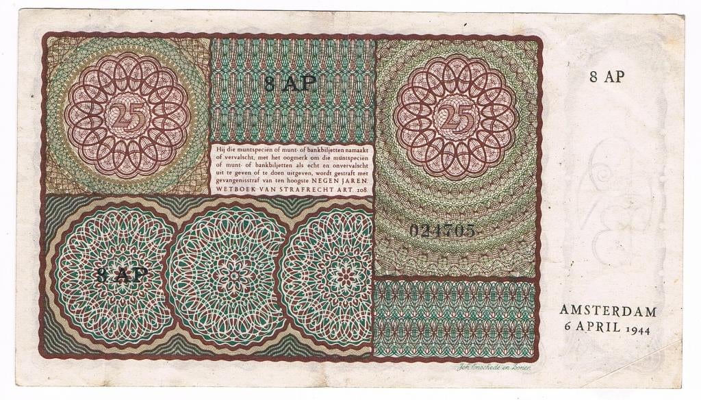 25 gulden 6 april 1944 Prinsesje, Postzegels en Munten, Bankbiljetten | Nederland, Ophalen of Verzenden, 25 gulden, Los biljet