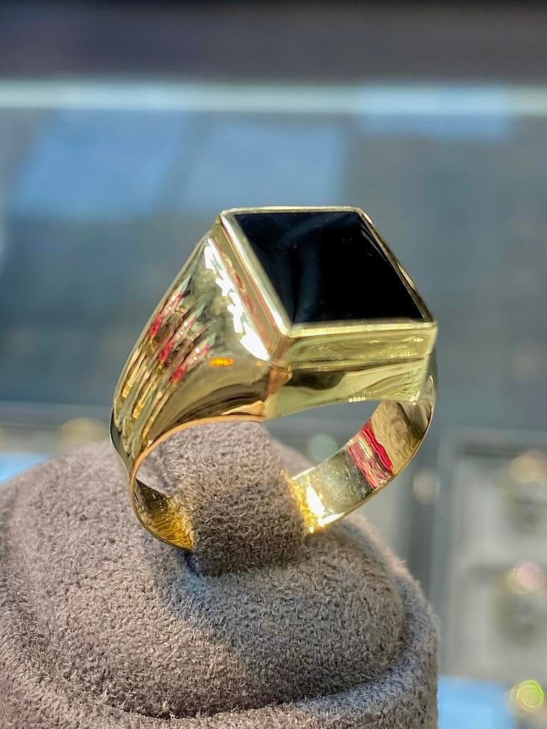 14k Gouden Onyx Ring, Ophalen, 18 tot 19, Nieuw, Dame of Heer