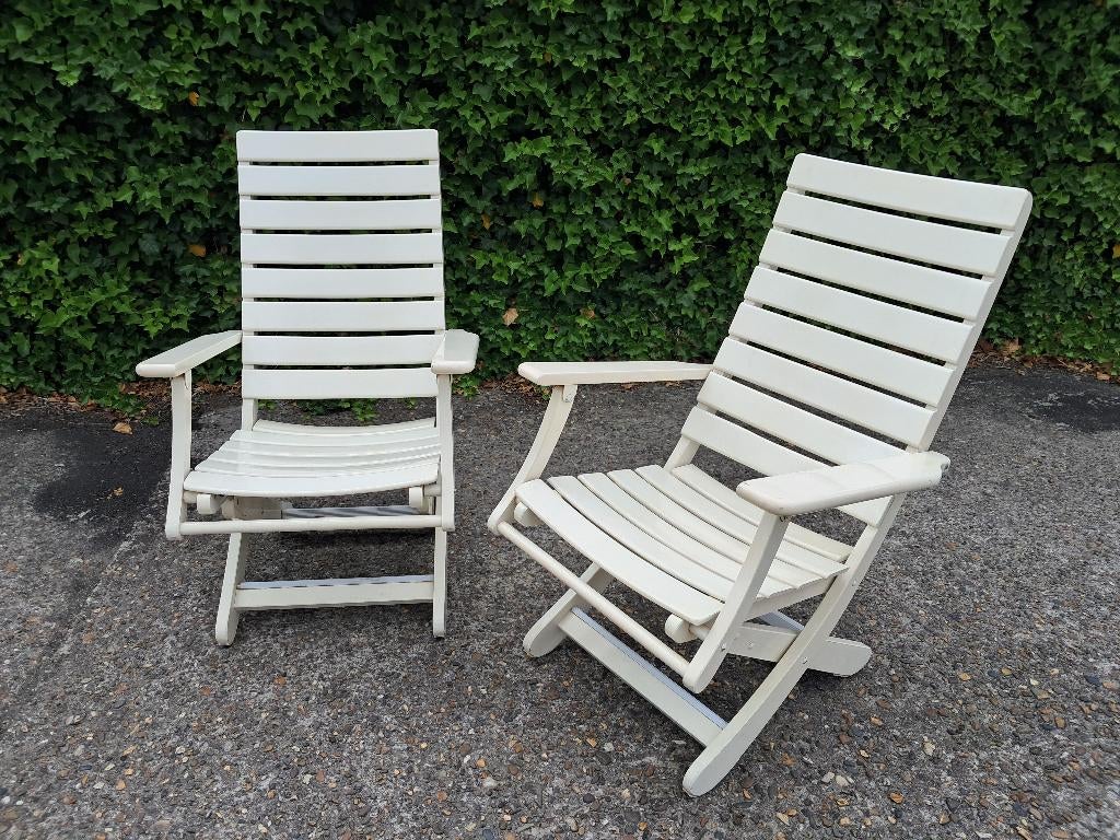 2 EMU beukenhouten antieke tuinstoelen/strandstoelen, Ophalen, Gebruikt, Hout, Verstelbaar