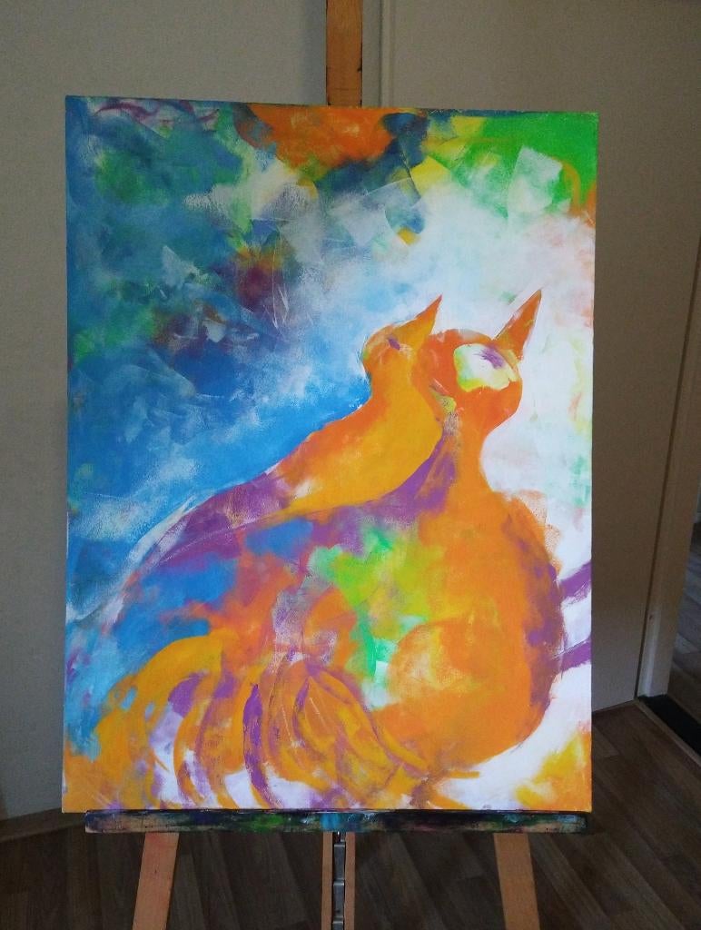 groot schilderij poes kat of 2 vogeltjes 80X61 cm, Ophalen