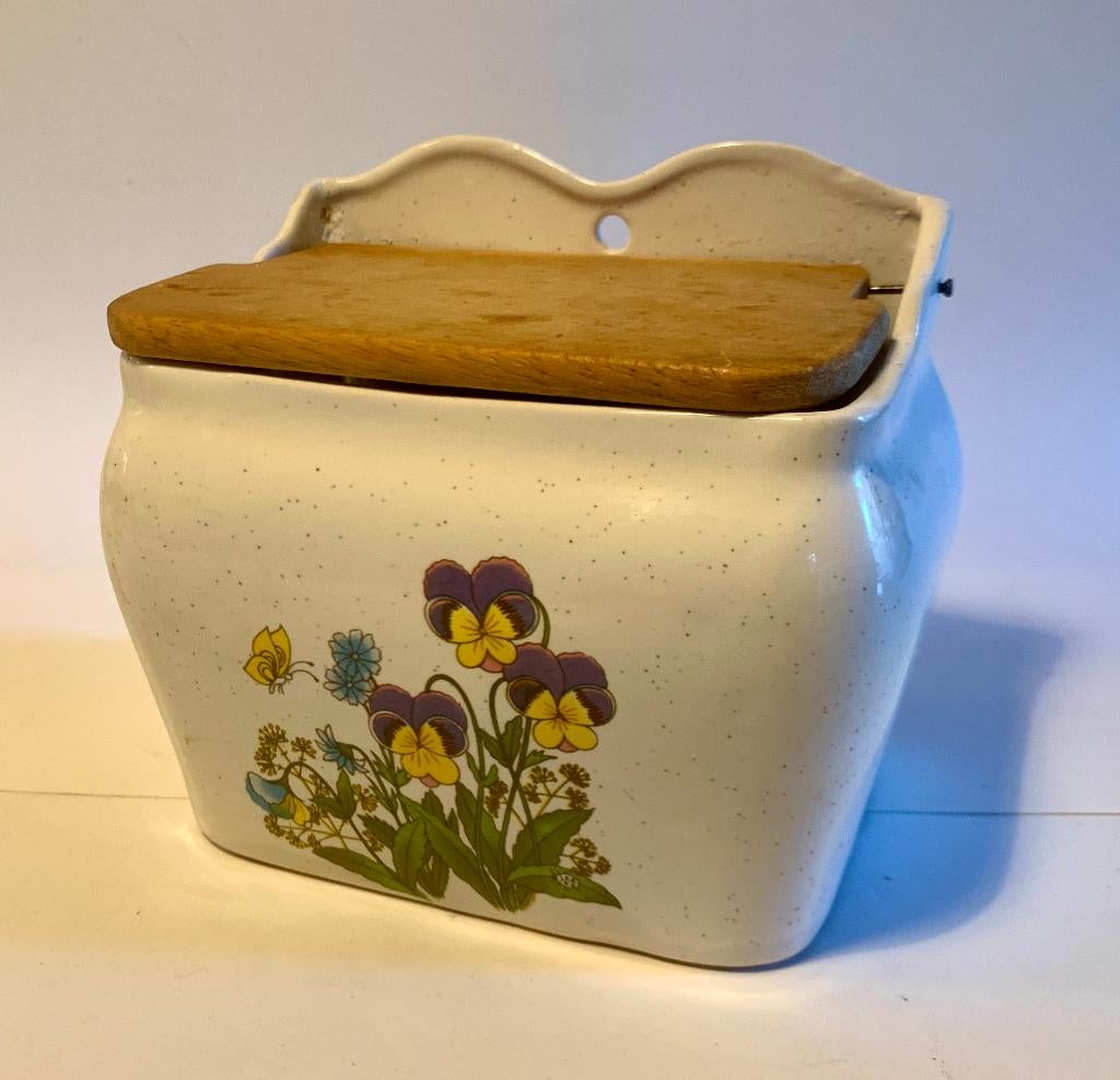 Vintage Wildflowers keramische zoutpot met houten deksel, Ophalen of Verzenden