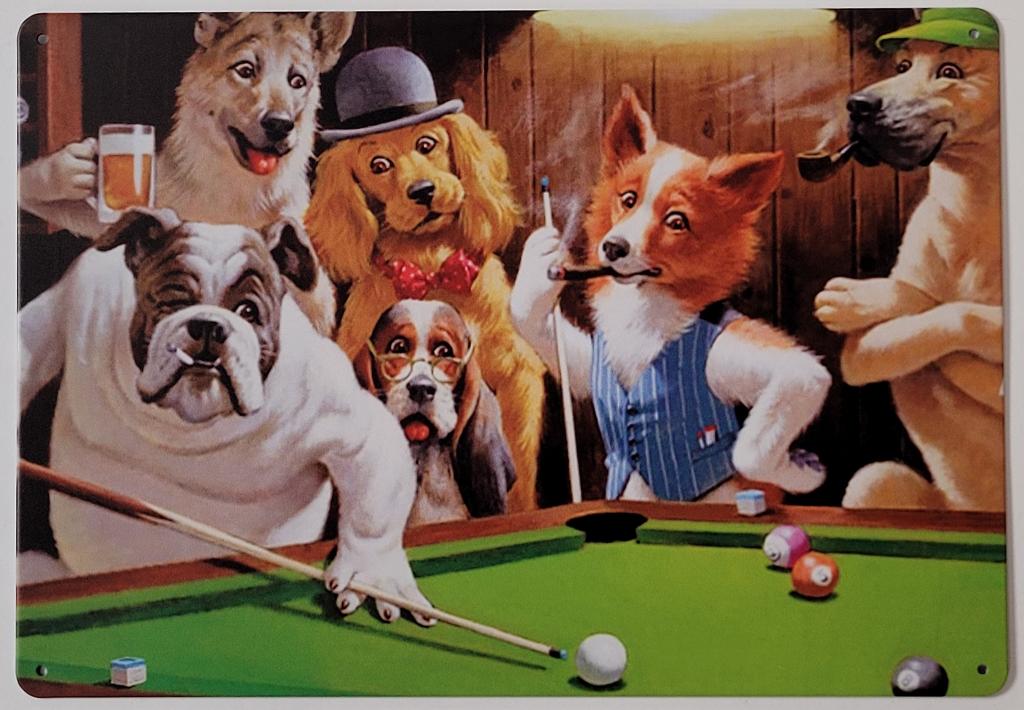 Honden spelen biljart wanddeco metalen reclamebord deco