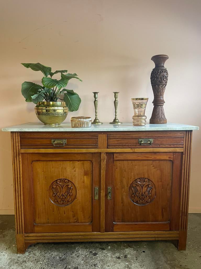 Vintage houten commode met wit marmeren blad, Ophalen, Gebruikt