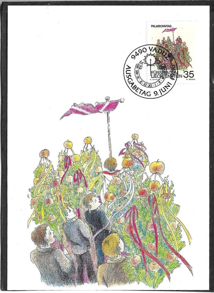 Liechtenstein 1986  maximumkaart mi.899 folklore PALMPASEN, Verzenden, Overige landen, Gestempeld