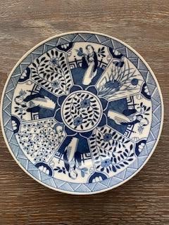 4 antieke bordjes met mosa lange lijs transferprint, Ophalen