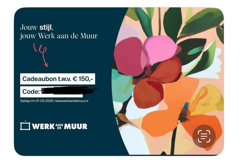 Cadeaubon Werk aan de Muur t.w.v. €150, Eén persoon, Cadeaubon