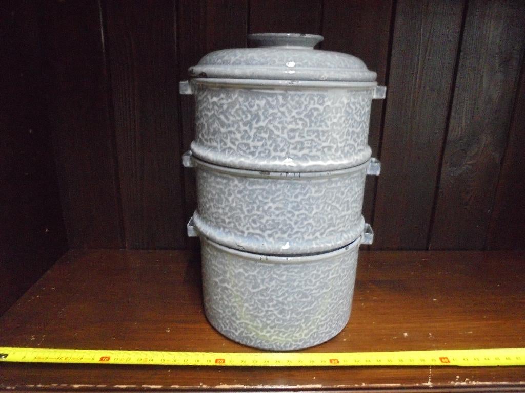 grijsgewolkt emaille etensdragers pannetjes, Ophalen of Verzenden