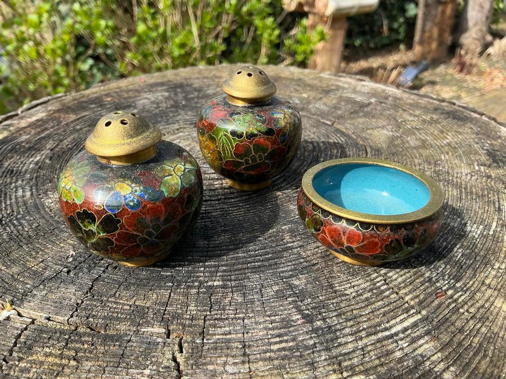 Cloisonné ❤️ zout- en pepervaatje met schaaltje, Ophalen of Verzenden