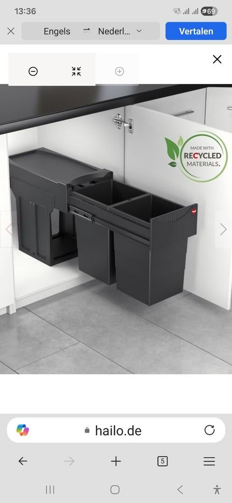 Inbouw prullenbakken - Hailo, Huis en Inrichting, Woonaccessoires | Prullenbakken, Zo goed als nieuw, Kunststof, Minder dan 50 cm