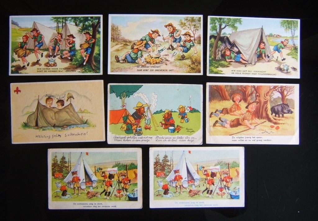 8 scouting padvinders ansichtkaarten cartoons, Verzamelen, Scouting, Gebruikt, Overige typen, Verzenden