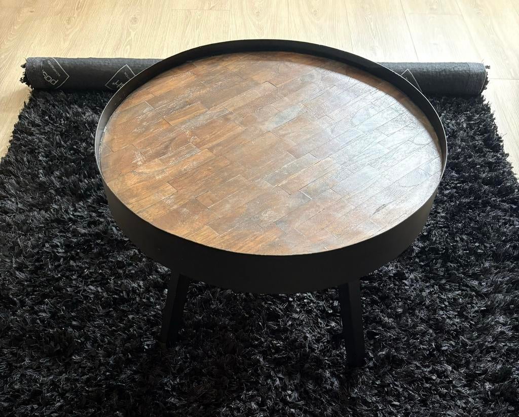 BY-BOO Tripod bijzettafel met teak blad en metalen poot, Minder dan 55 cm, Rond, Zo goed als nieuw, Ophalen