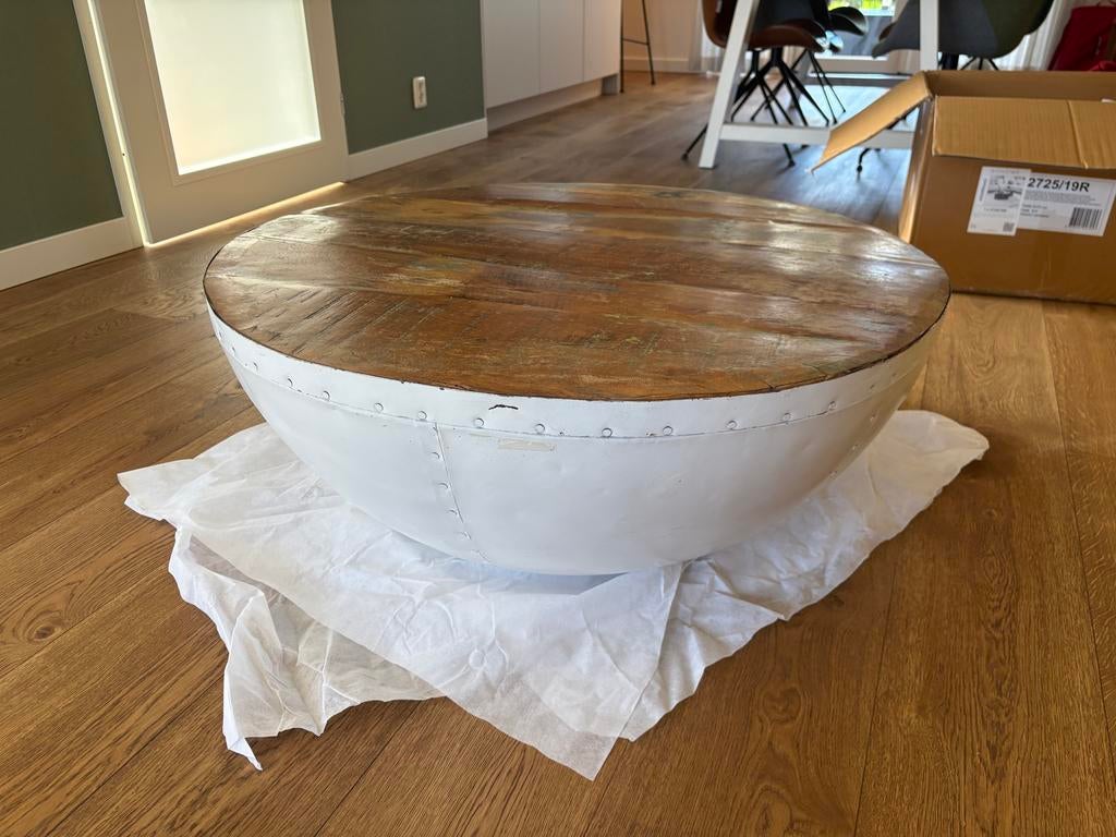 Ronde Industriële Salontafel - Hout en Metaal, Huis en Inrichting, Tafels | Salontafels, Ophalen, 50 tot 100 cm, Rond, Zo goed als nieuw