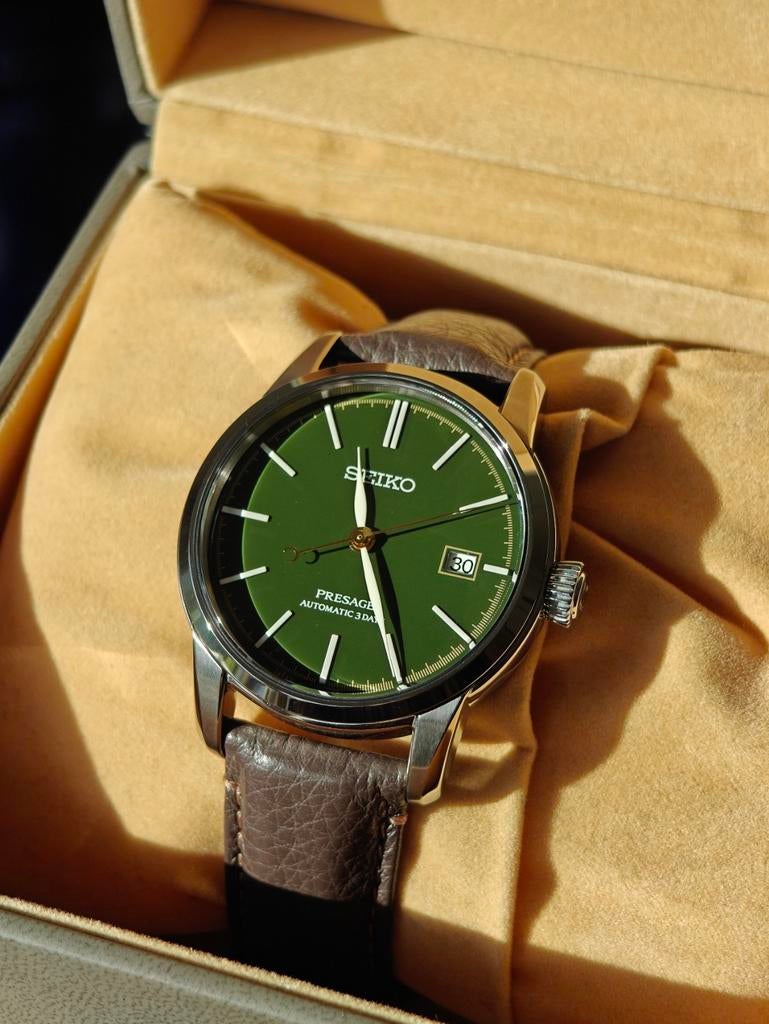 Seiko Presage groen Urushi SPB407JC met boekjes!, Seiko, Leer, Staal, Polshorloge