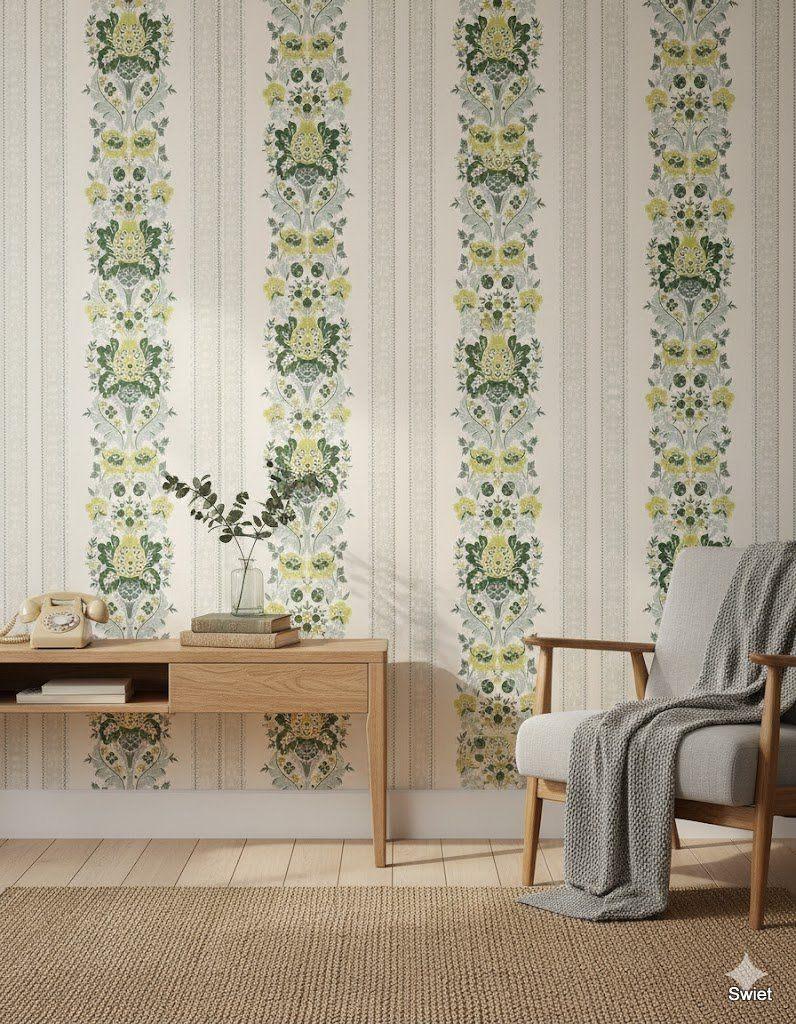 5512 Barok bloemenstreep groen blauw vintage 60s swiet, Verzenden, 75 m² of meer, Groen