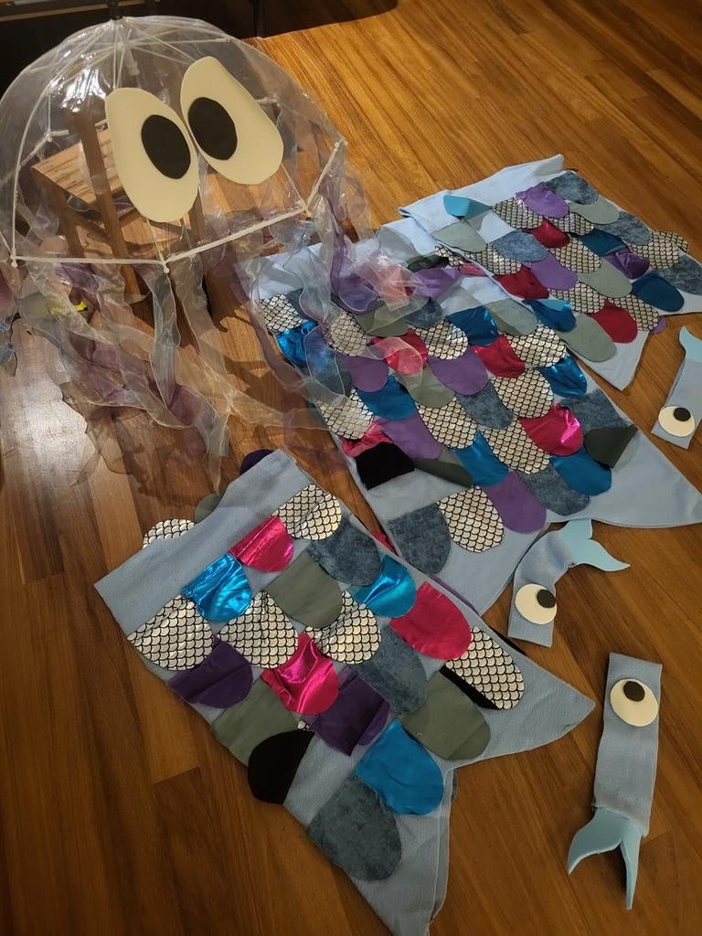 3 carnavalskostuums - vissen - 1 volw+2kids, Ophalen of Verzenden, Jongen of Meisje