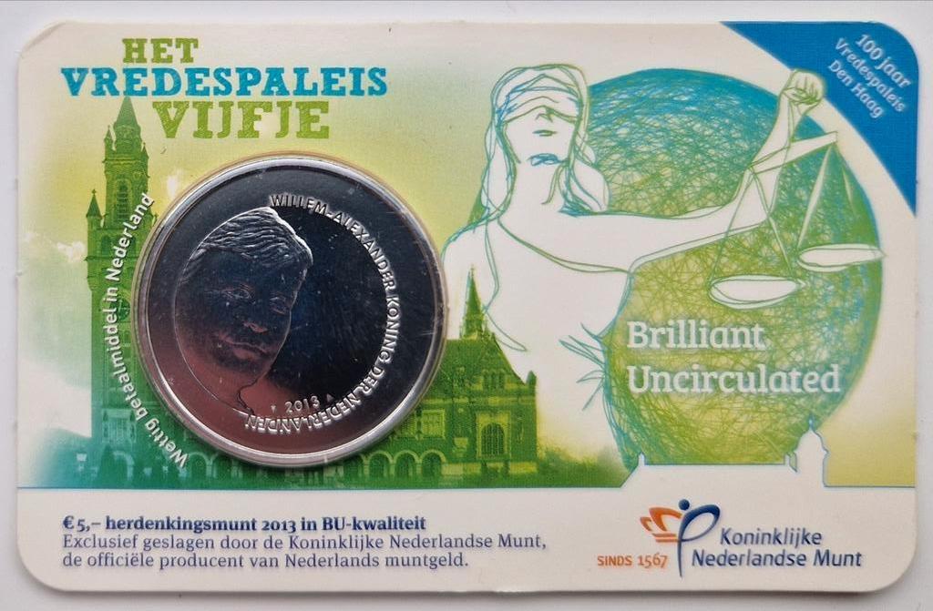 Het Vredespaleis Vijfje 2013 BU coincard, Ophalen of Verzenden, Koningin Beatrix, Euro's, Losse munt
