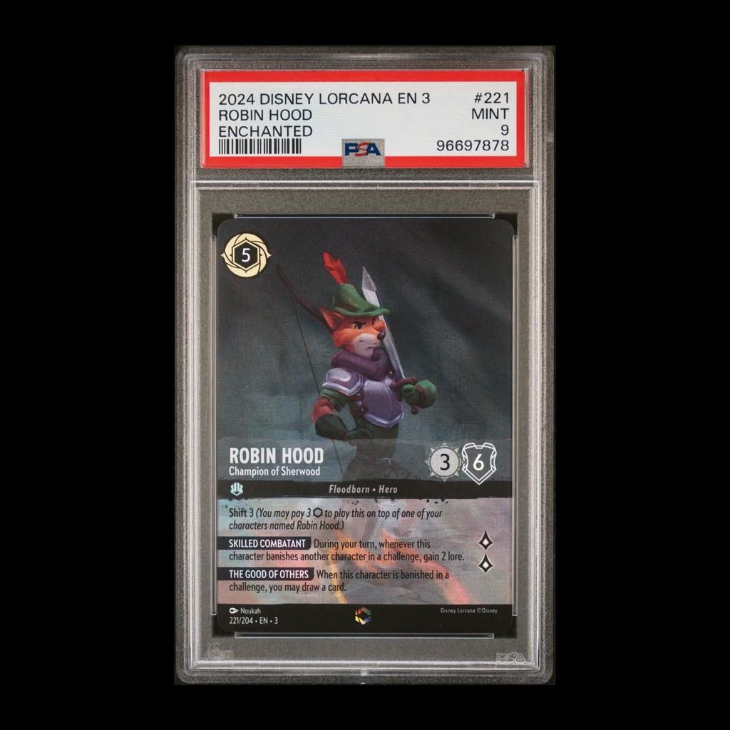 Disney Lorcana Robin Hood Enchanted PSA 9, Ophalen of Verzenden, Zo goed als nieuw, Losse kaart, Foil