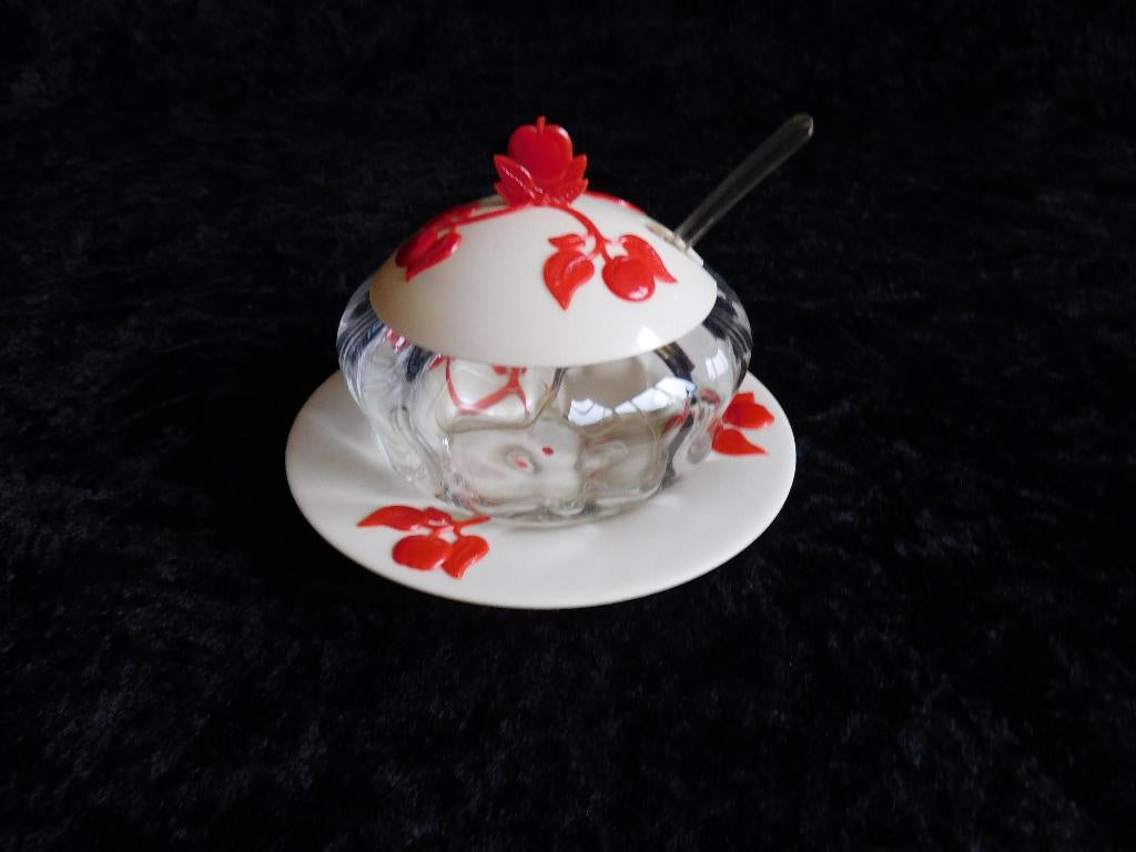 Vintage jampot op schotel, met deksel en lepel, de pot is va, Verzamelen, Ophalen of Verzenden, Overige typen