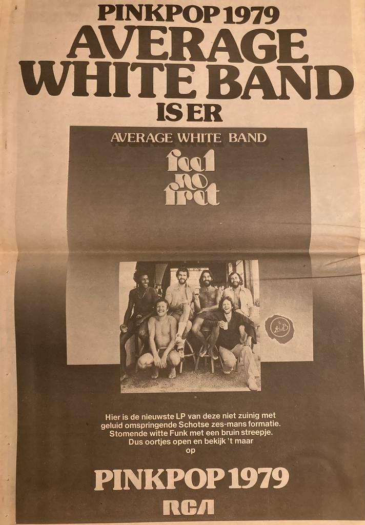 Paginagrote A3 advertentie AVERAGE WHITE BAND Pinkpop 1979, Ophalen of Verzenden