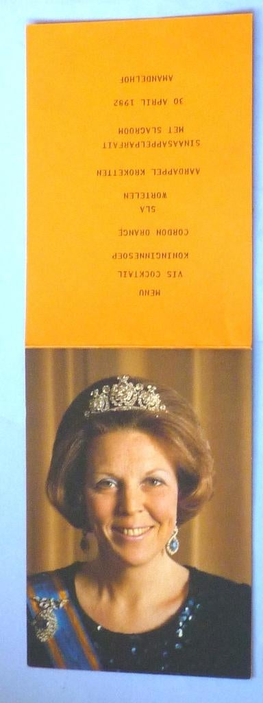 Beatrix Menukaart Koninginnedag 1982 Amandelhof Baarn, Verzamelen, Ophalen of Verzenden, Zo goed als nieuw, Nederland, Kaart, Foto of Prent