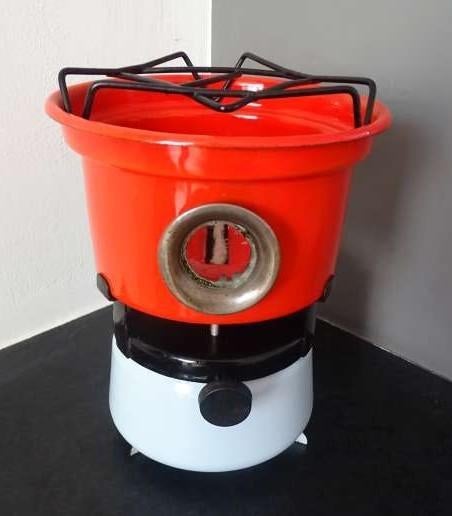 Mooi petroleumstel oliestel kleur oranje zwart wit compleet, Ophalen of Verzenden