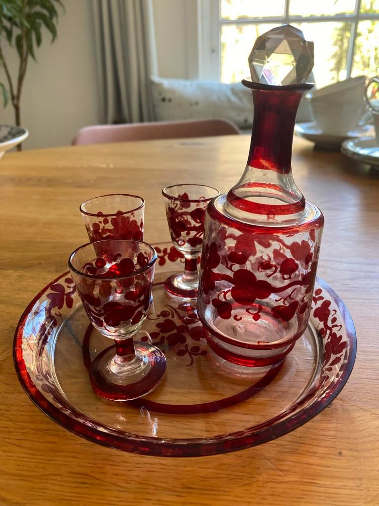Antiek likeursetje met karaf, glaasjes en dienblad, Antiek en Kunst, Antiek | Glas en Kristal, Ophalen