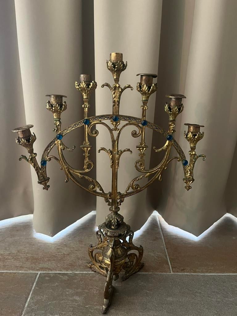 Antieke Messing Kandelaber 7-armig | Vintage Kandelaar, Ophalen of Verzenden