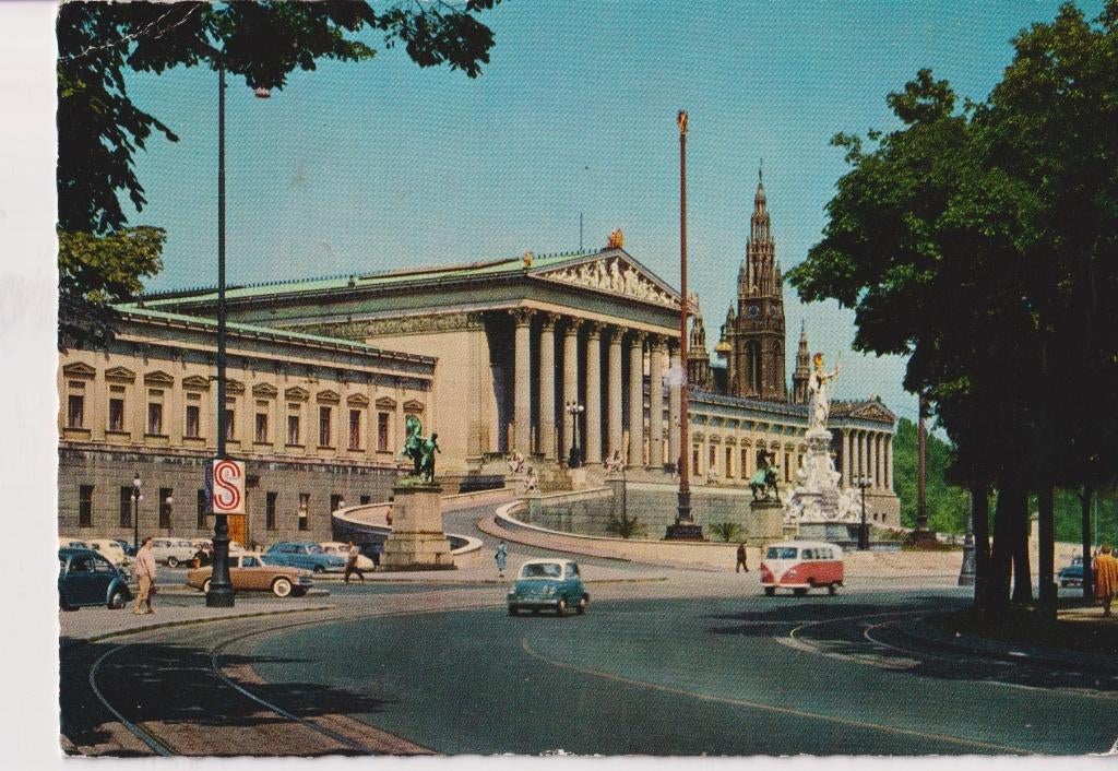 Oostenrijk, Wenen met auto's, Fiat Steyr 600, VW Bus T1, Verzamelen, Ansichtkaarten | Buitenland, Gelopen, Oostenrijk, 1960 tot 1980