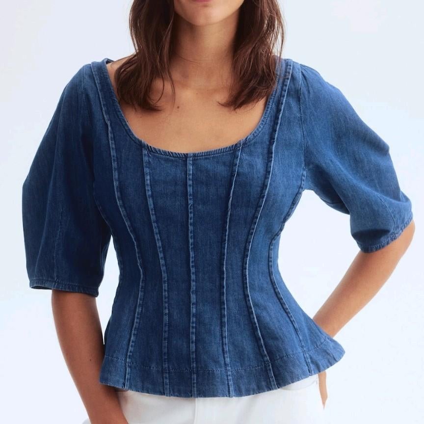 H&M denim peplum blouse  maat L zo goed als nieuw, H&M, Blauw, Maat 42/44 (L), Ophalen of Verzenden