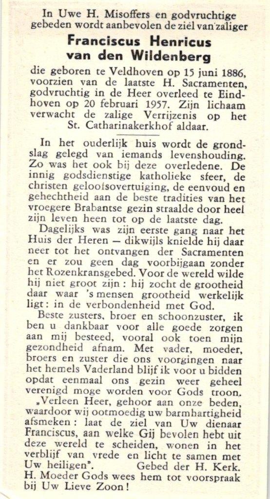 Wildenberg van den Francis. H. Veldhoven 1886-1957 Eindhoven, Ophalen of Verzenden