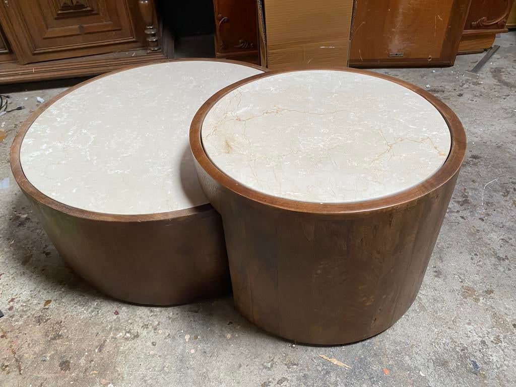Salontafel set beige marmer & mango hout 55 & 79cm, Ophalen, Rond, Nieuw, 50 tot 100 cm