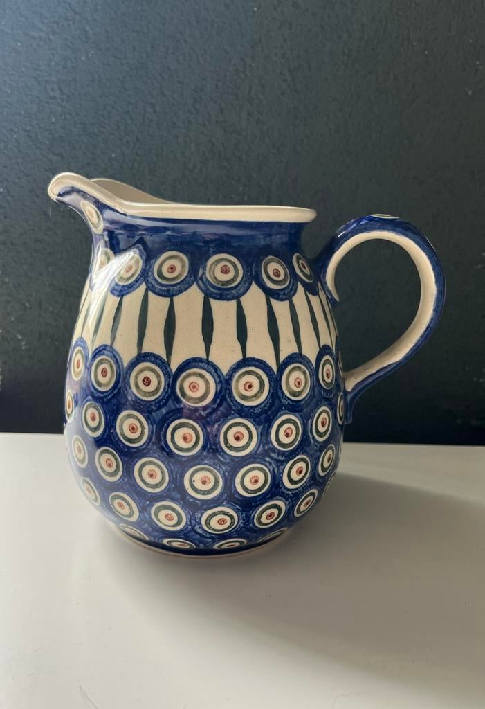 Bunzlau- pauwenogen motief- Schenkkan - Kan, Ophalen, Keramiek, Overige typen, Zo goed als nieuw