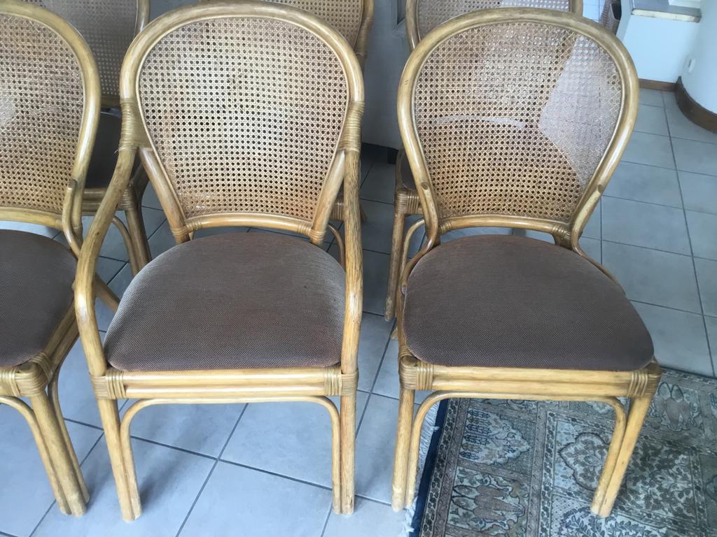 6 Rotan Stoelen - 2 met Armleuningen, Lichtgewicht, Ophalen, Gebruikt, Bruin, Riet of Rotan