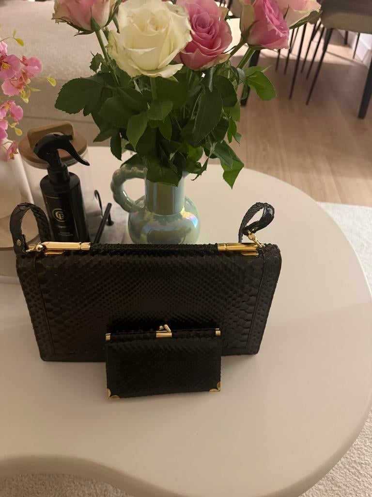Elegante Bruine Slangenleren Clutch met Portemonnee, Ophalen of Verzenden, Zo goed als nieuw, Bruin, Avondtasje