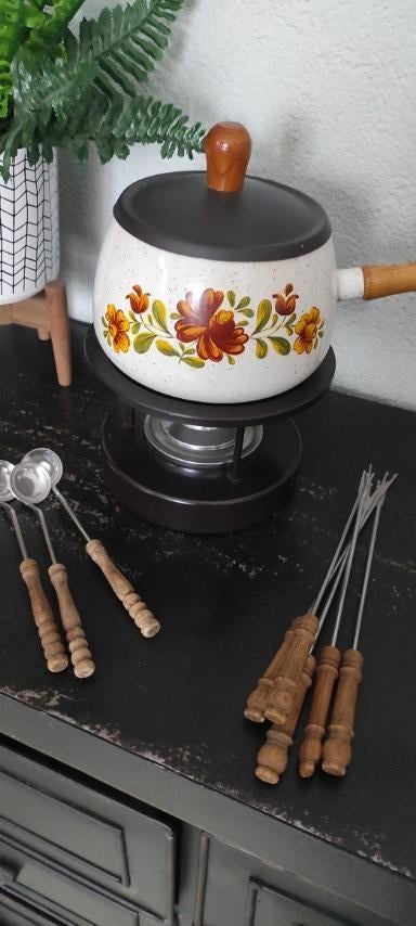 Vintage fondueset fonduestel bruin bloemen, Witgoed en Apparatuur, Fonduesets, Ophalen of Verzenden, Zo goed als nieuw, Brander
