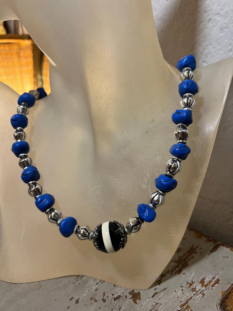 lapis lazuli vintage halfedelstenen ketting collier bohemian, Met hanger, Blauw, Ophalen of Verzenden, Zo goed als nieuw