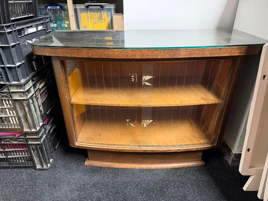 Vintage houten kastje met glazen schuifdeuren, Ophalen of Verzenden