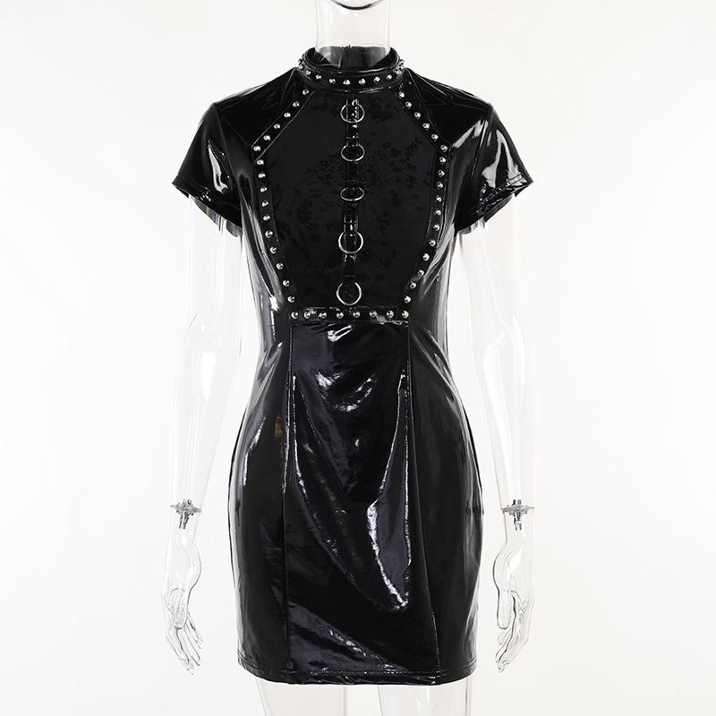 Zwarte gothic lak leren jurk met ringen / punk dames bodycon, Verzenden, Nieuw, Zwart, Boven de knie