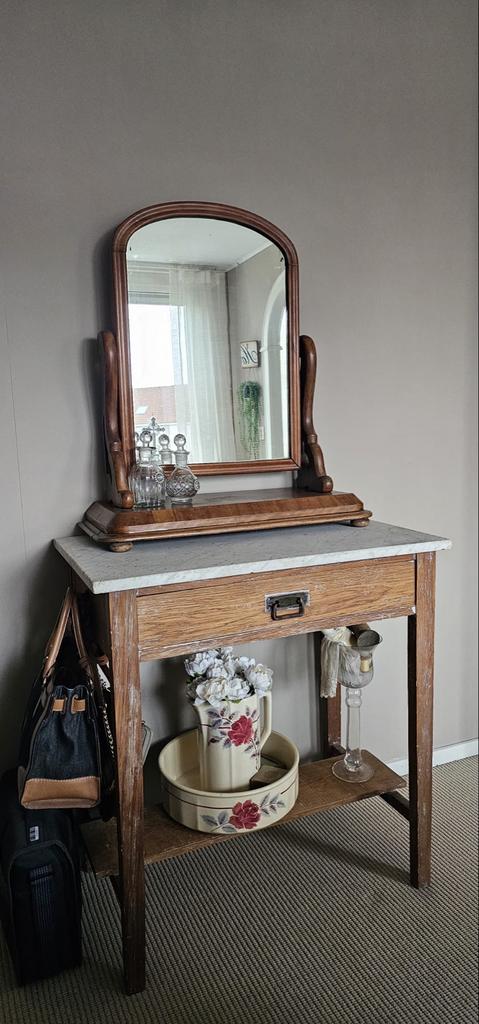 Antieke kaptafel met marmerblad en losse spiegel, Huis en Inrichting, Tafels | Kaptafels, Ophalen, Gebruikt, 100 tot 150 cm, 50 tot 100 cm