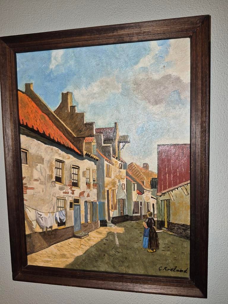 Vier Schilderijen van C. Roeland - Dorpsgezichten en Haven, Antiek en Kunst, Kunst | Schilderijen | Klassiek, Ophalen of Verzenden