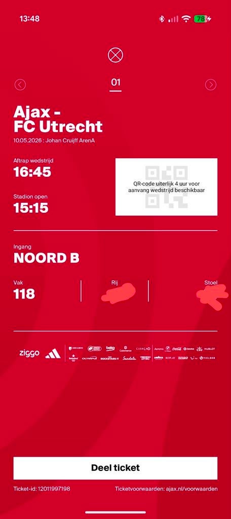 Ticket Ajax - FC Utrecht, Eén persoon