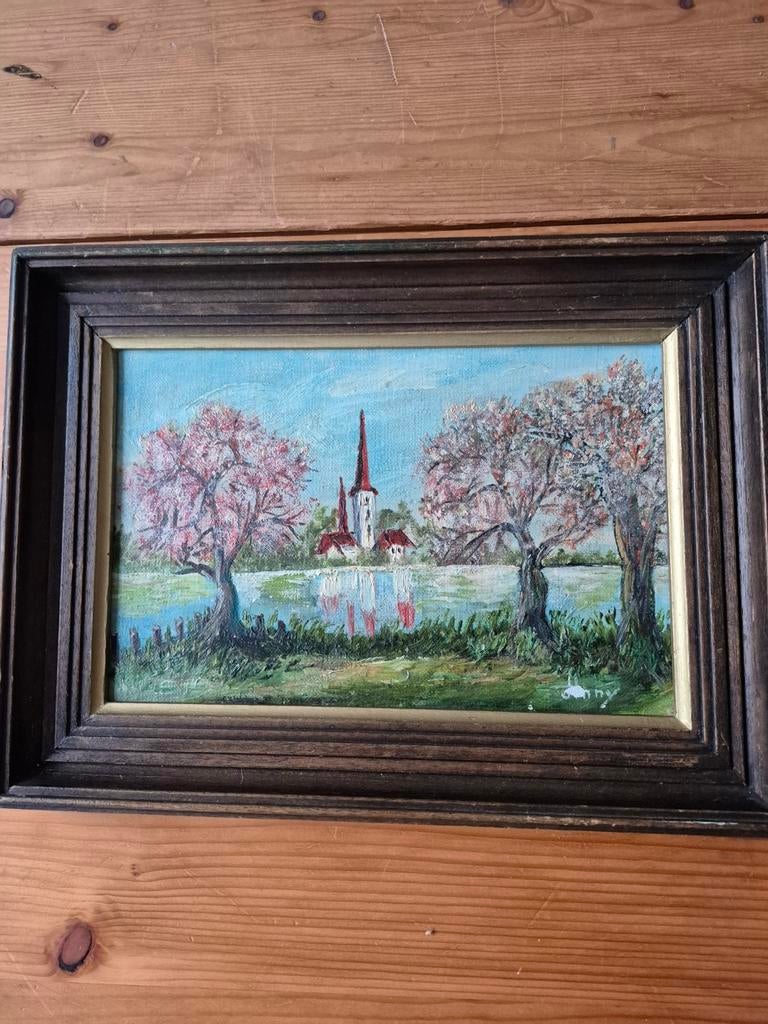 Romantisch Schilderij: Kerk aan het Water met Bloesembomen, Ophalen of Verzenden