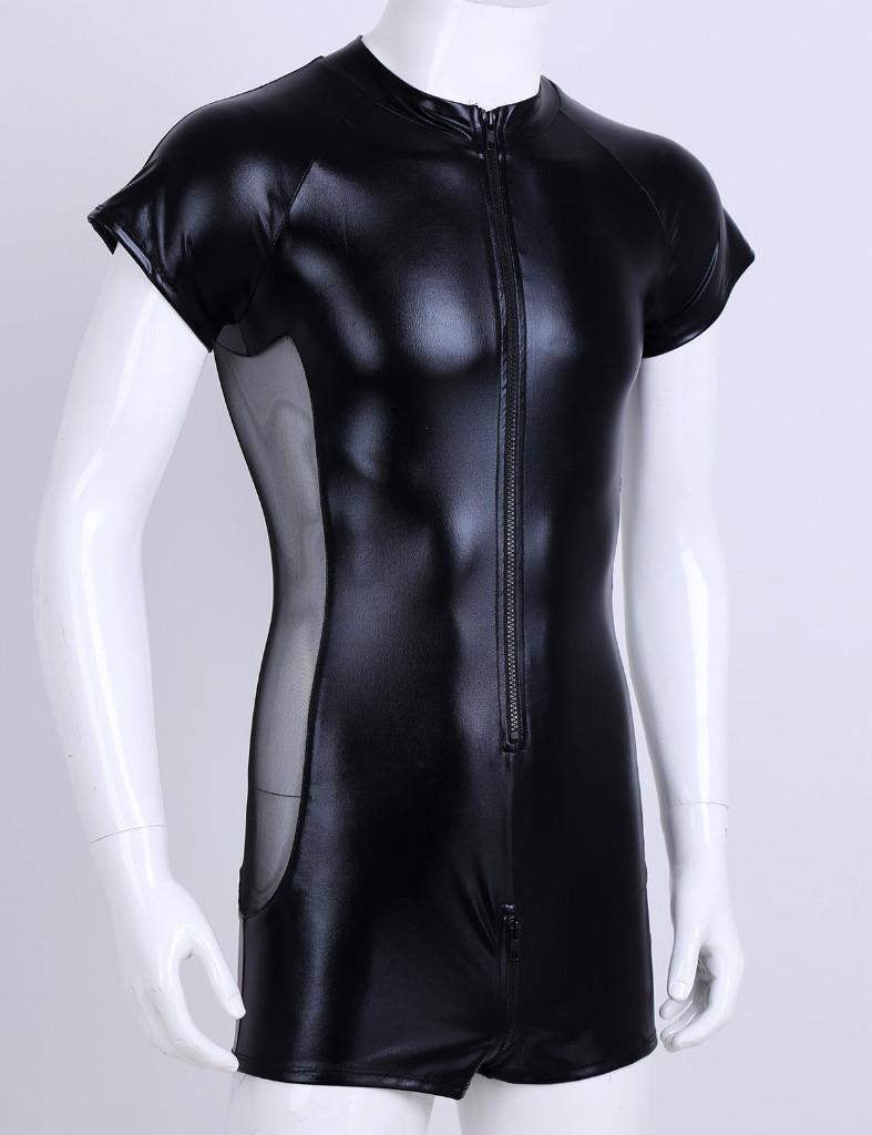 Heren jumpsuit met rits sexy zwarte leren bodysuit wetlook, Verzenden, Nieuw, Overige maten, Overige thema's